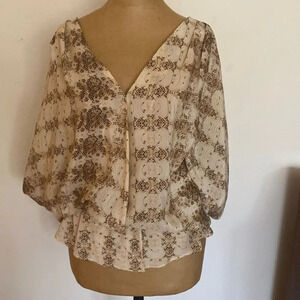 Aryn K Anthropologie sz S 100% silk blouse snakeskin print beige + brown EUC
